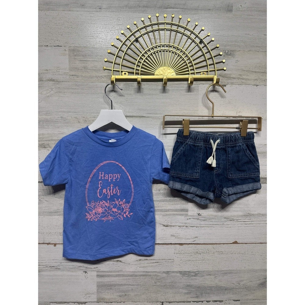 Bella Canvas Cat & Jack Shirt Shorts Set Girls 2T Blue Denim Easter EUC